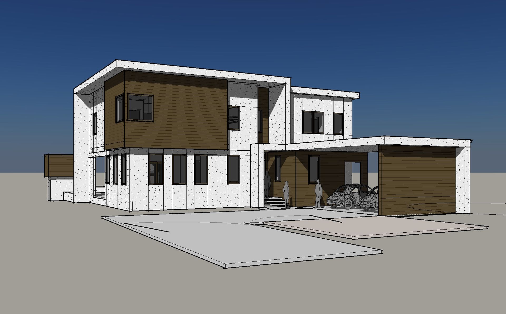 A drawing of a modern house with a garage and a blue sky in the background.