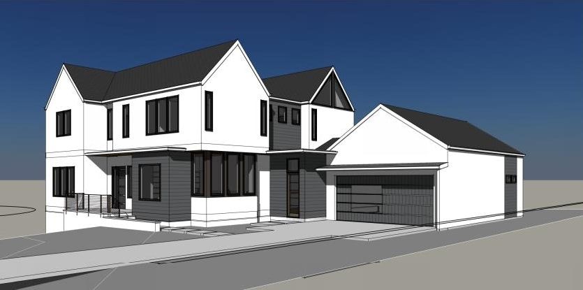 A black and white drawing of a house with a garage.