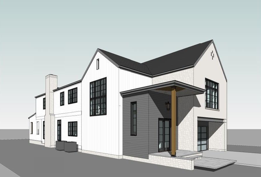 A 3d model of a white house with a black roof