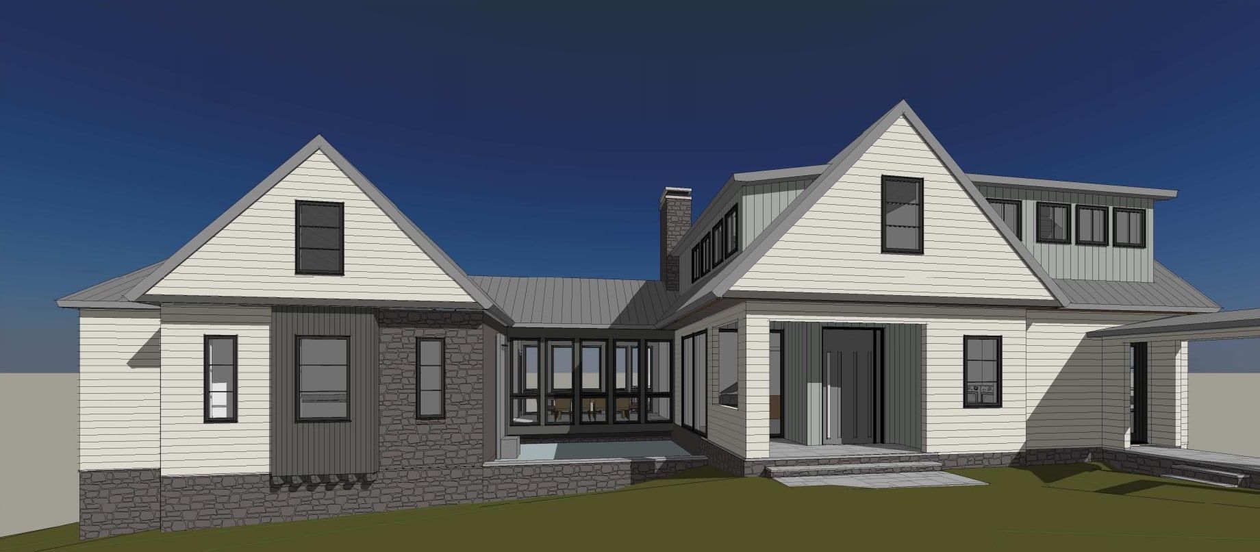 A 3d rendering of a white house with a gray roof and a porch.