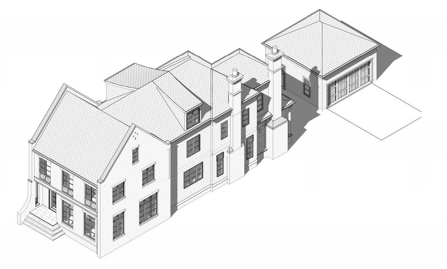 A black and white drawing of a house with a lot of windows.