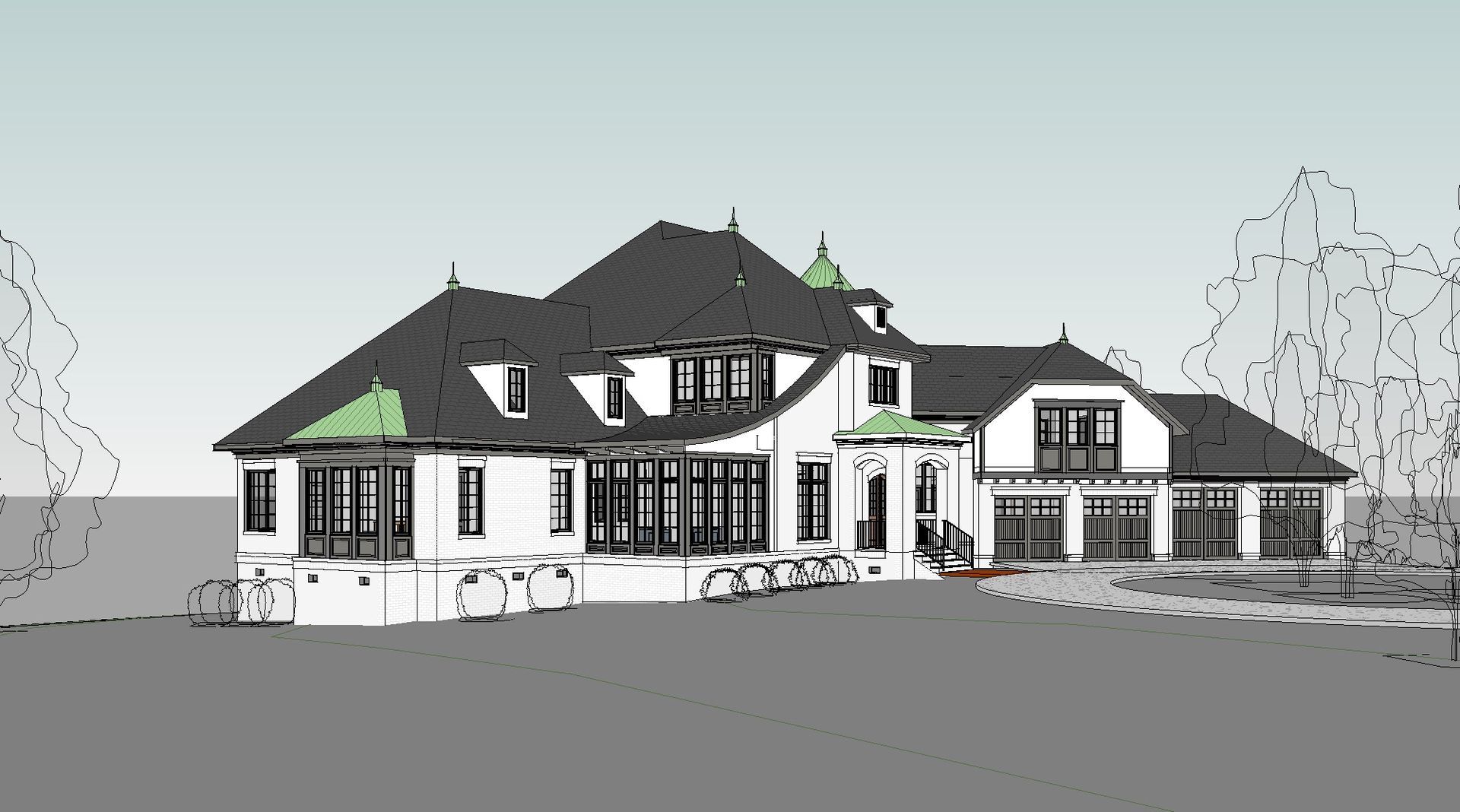 A black and white drawing of a large house with a green roof