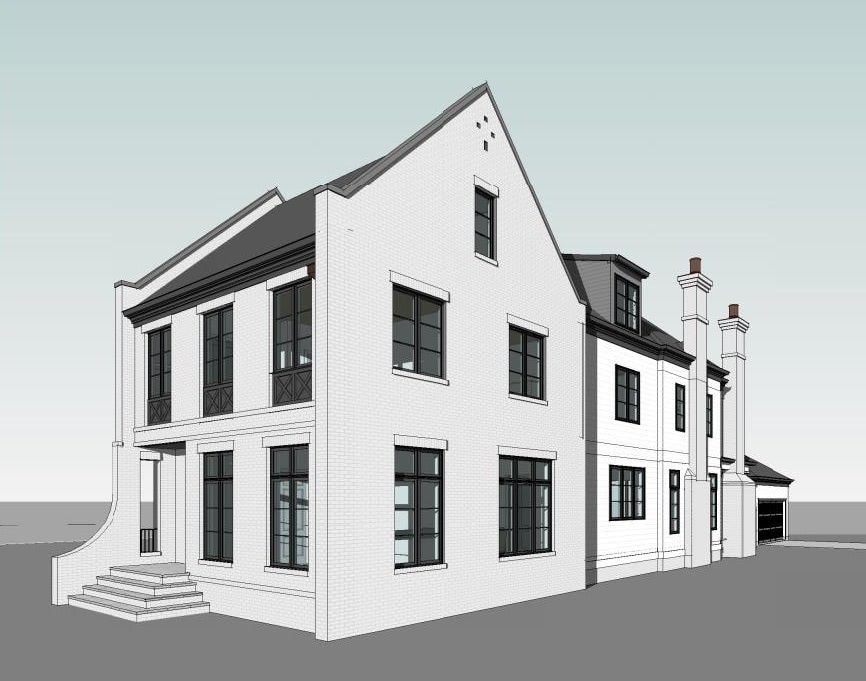 A black and white drawing of a large white house