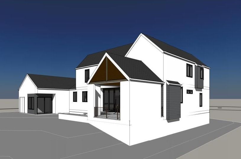 A 3d model of a house with a blue sky in the background
