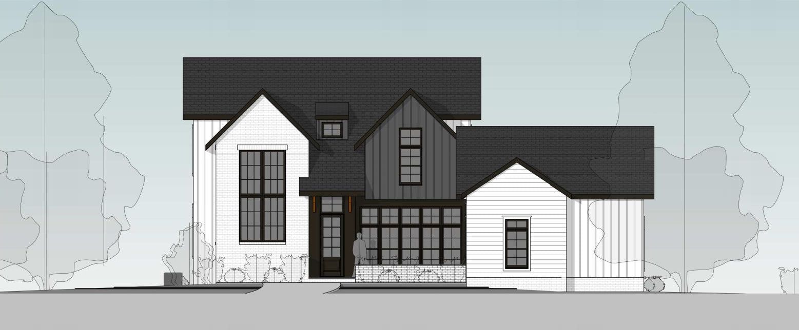 A black and white drawing of a house with a black roof