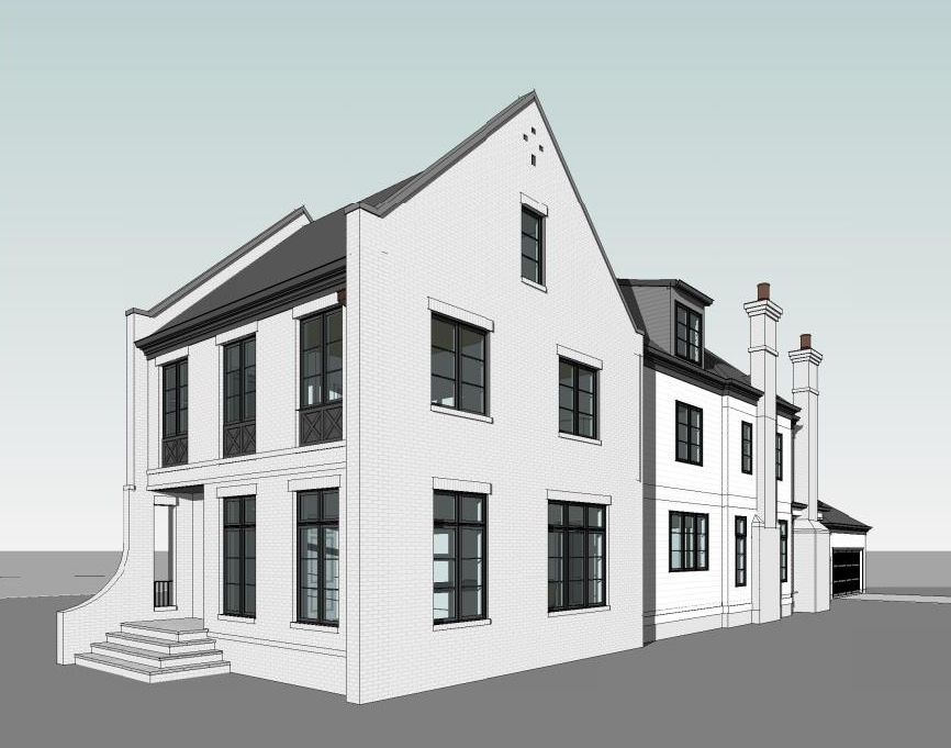 a 3d model of a white house with black windows