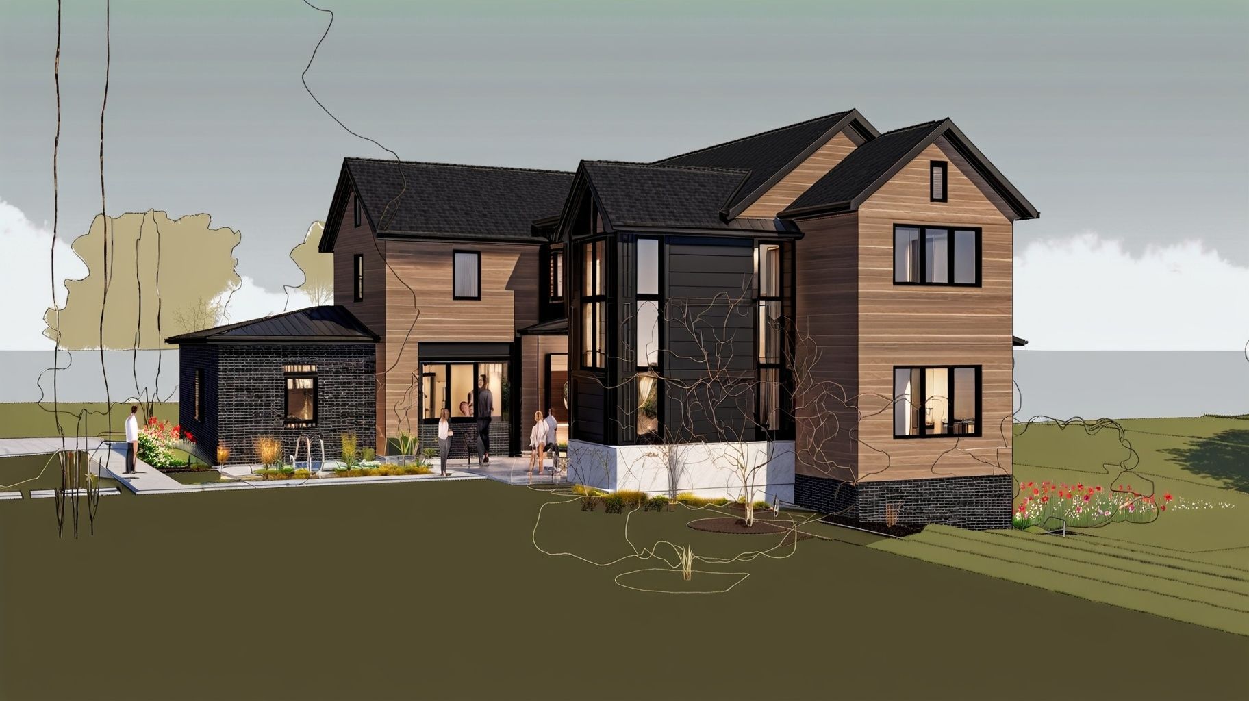 An artist 's impression of a large house with a lot of windows.