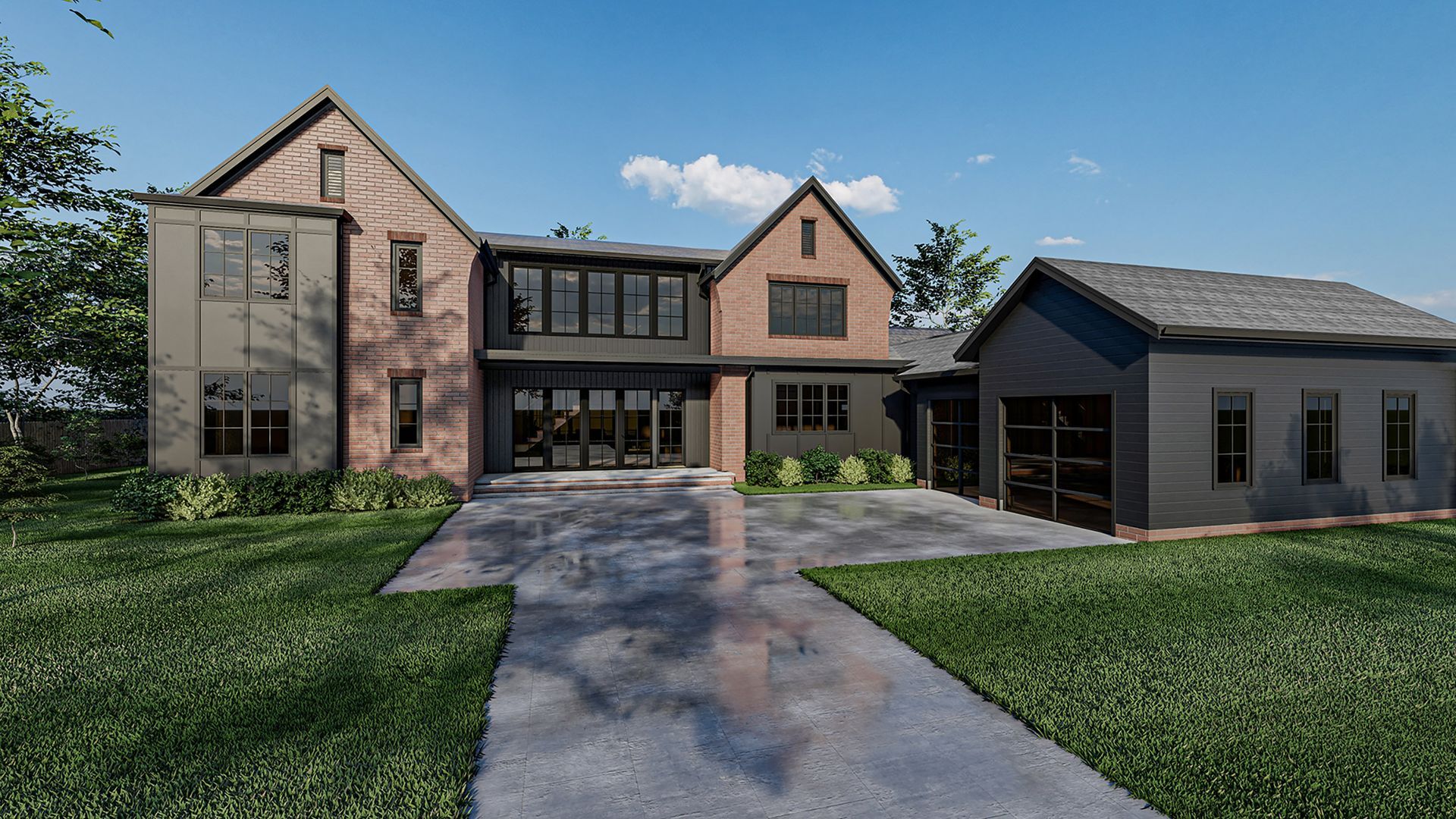 A large brick house with a black garage and a driveway leading to it.
