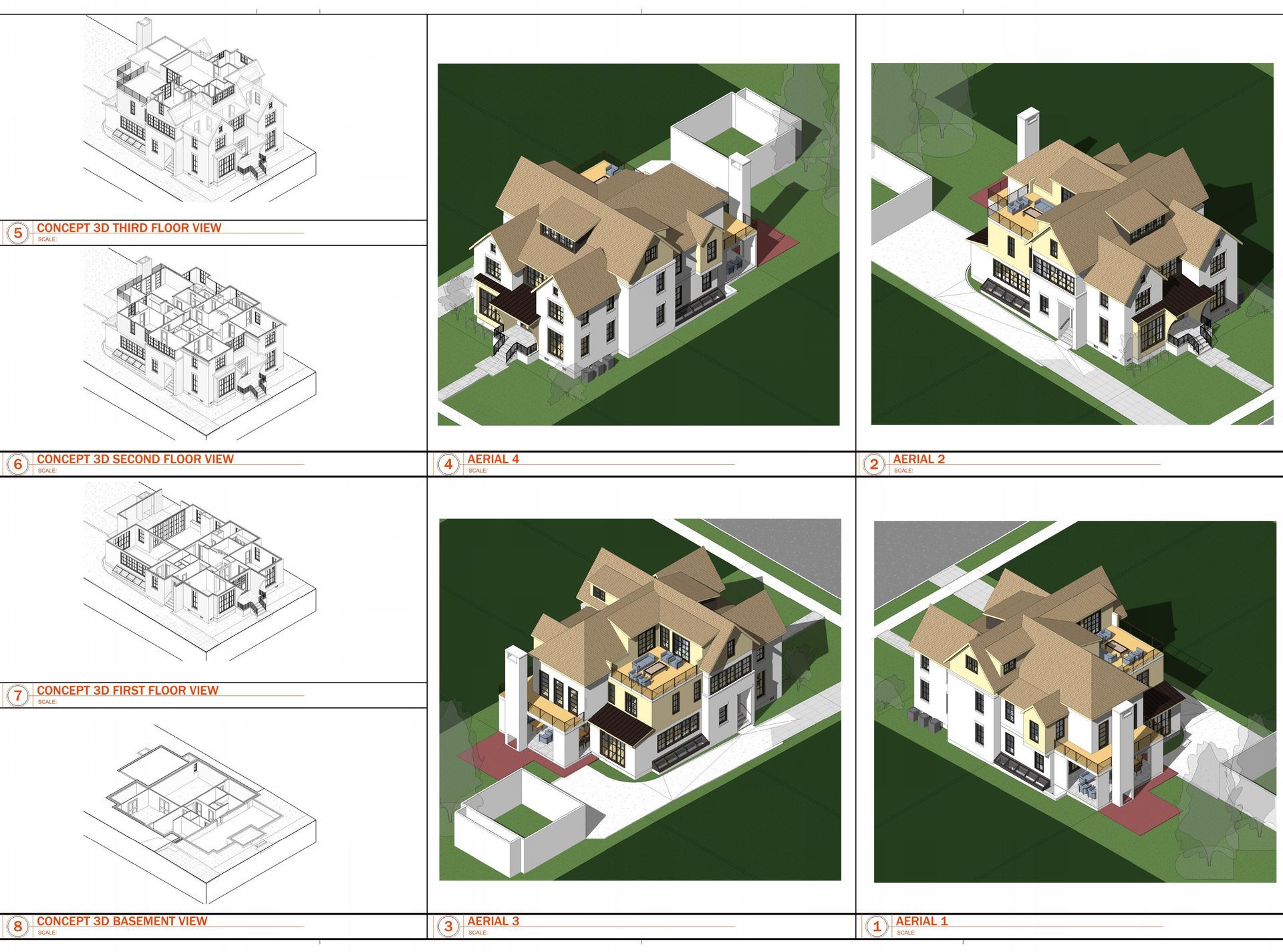 A collage of four drawings of a house.