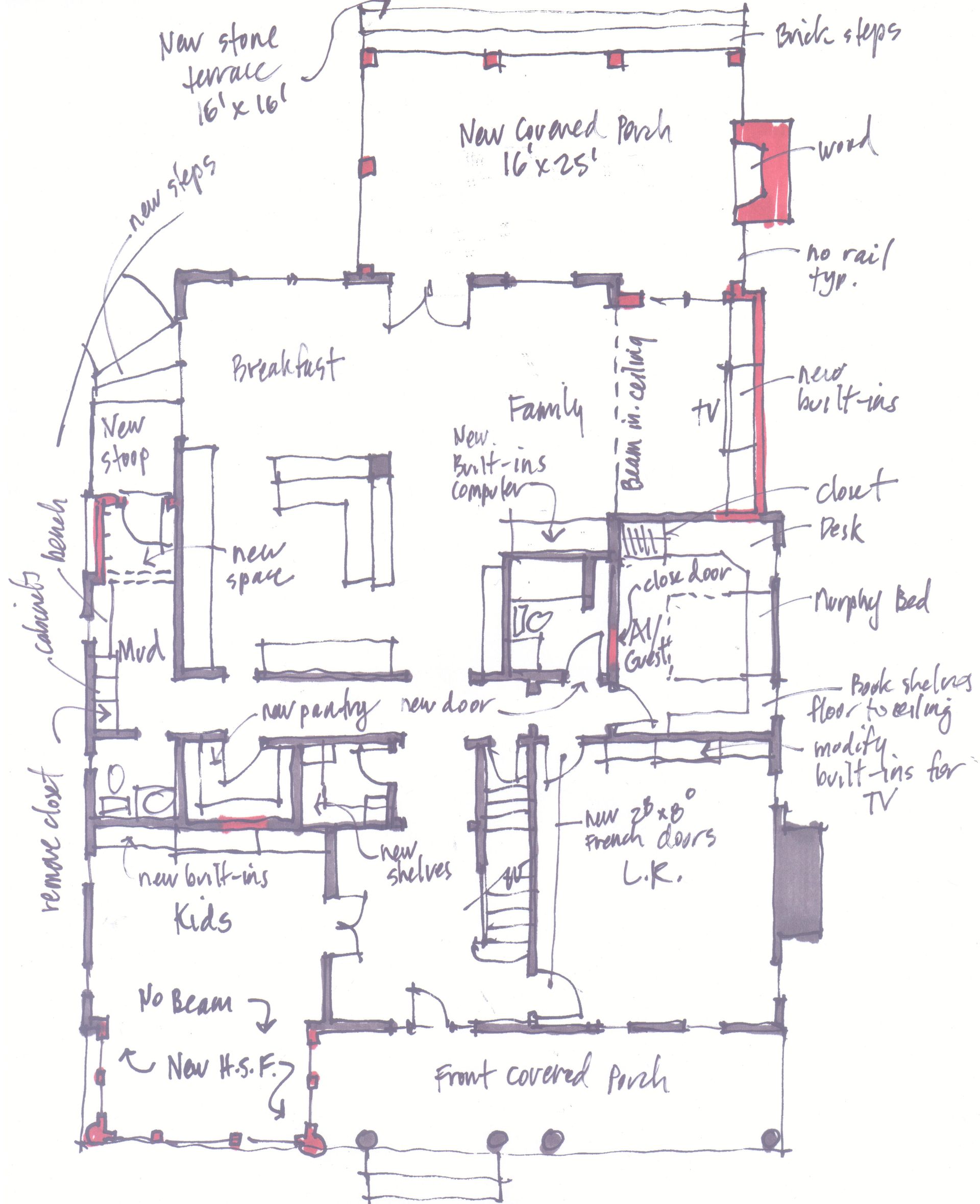 A hand drawn floor plan of a house