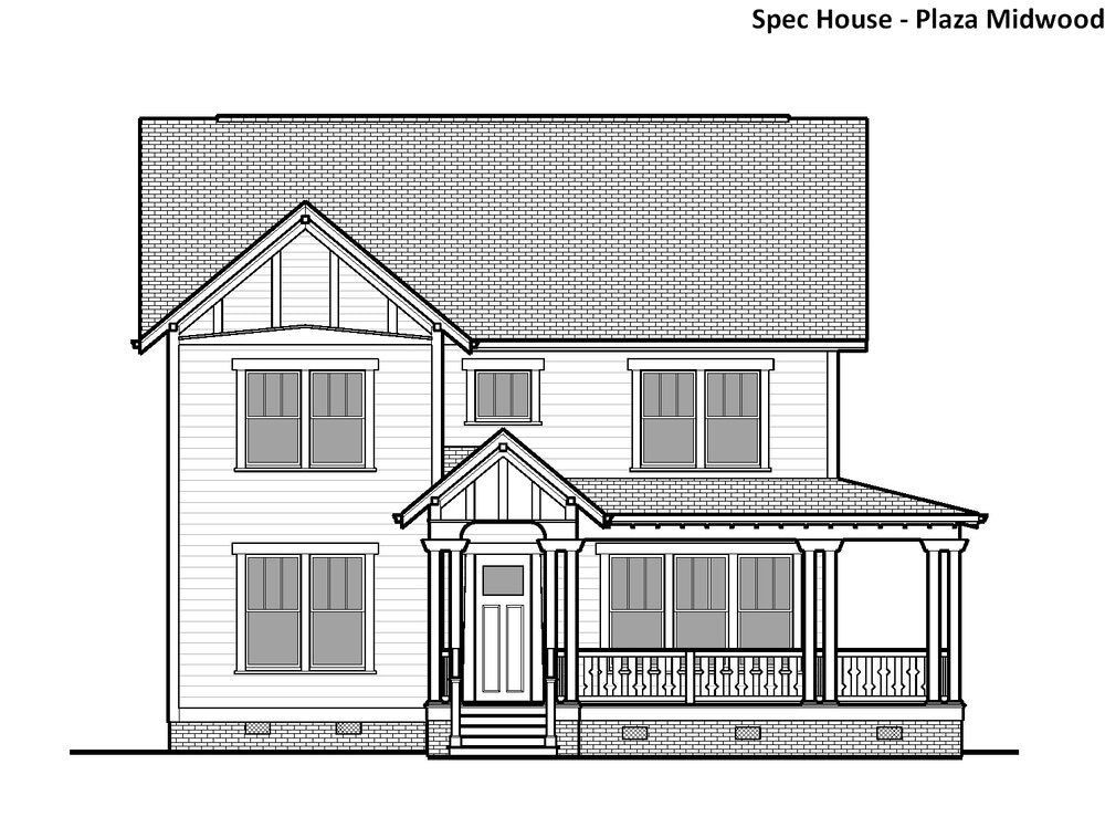 A black and white drawing of a house with a porch.
