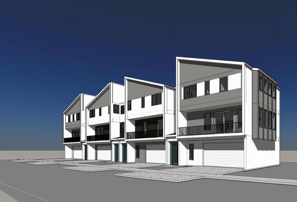 An artist 's impression of a row of apartment buildings.
