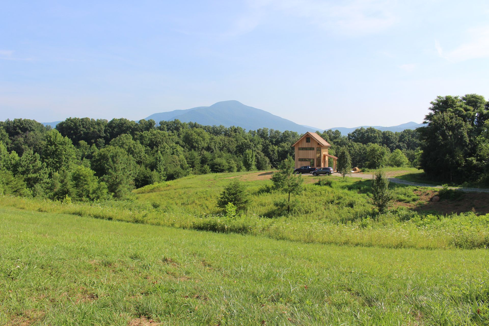 A house is sitting in the middle of a grassy field with a mountain in the background.