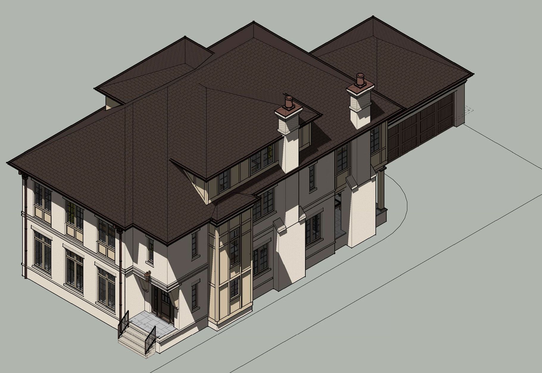 A 3d model of a house with a brown roof