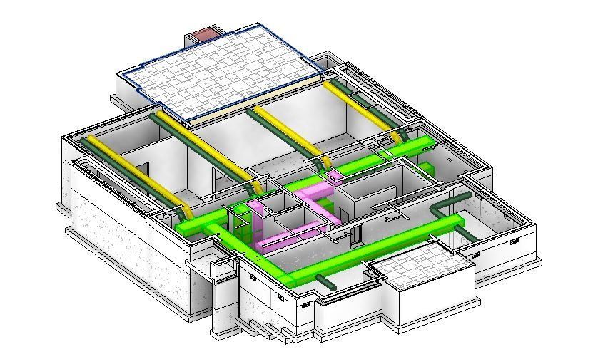 a 3d model of a building with a roof and pipes