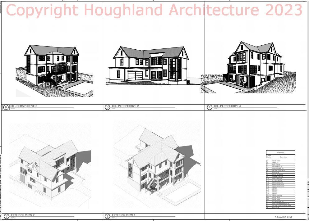 A black and white drawing of a house with the words copyright hughland architecture 2023