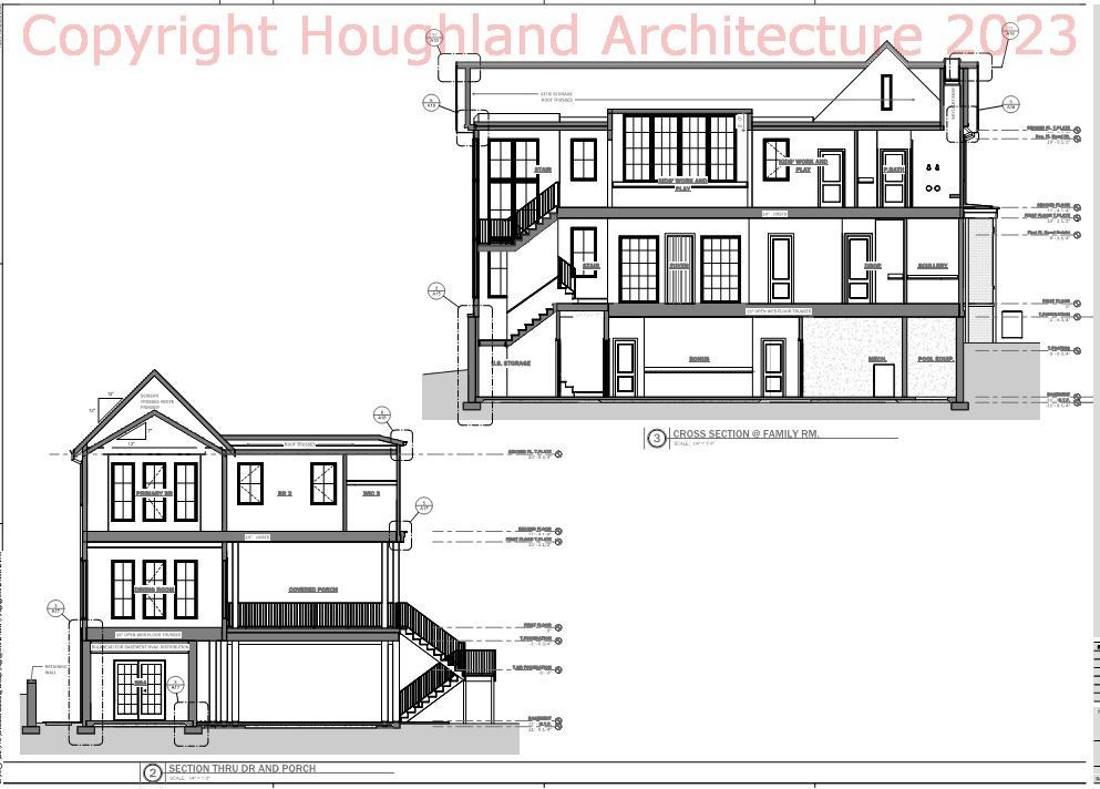 A black and white drawing of a house that says copyright houggland architecture 2023