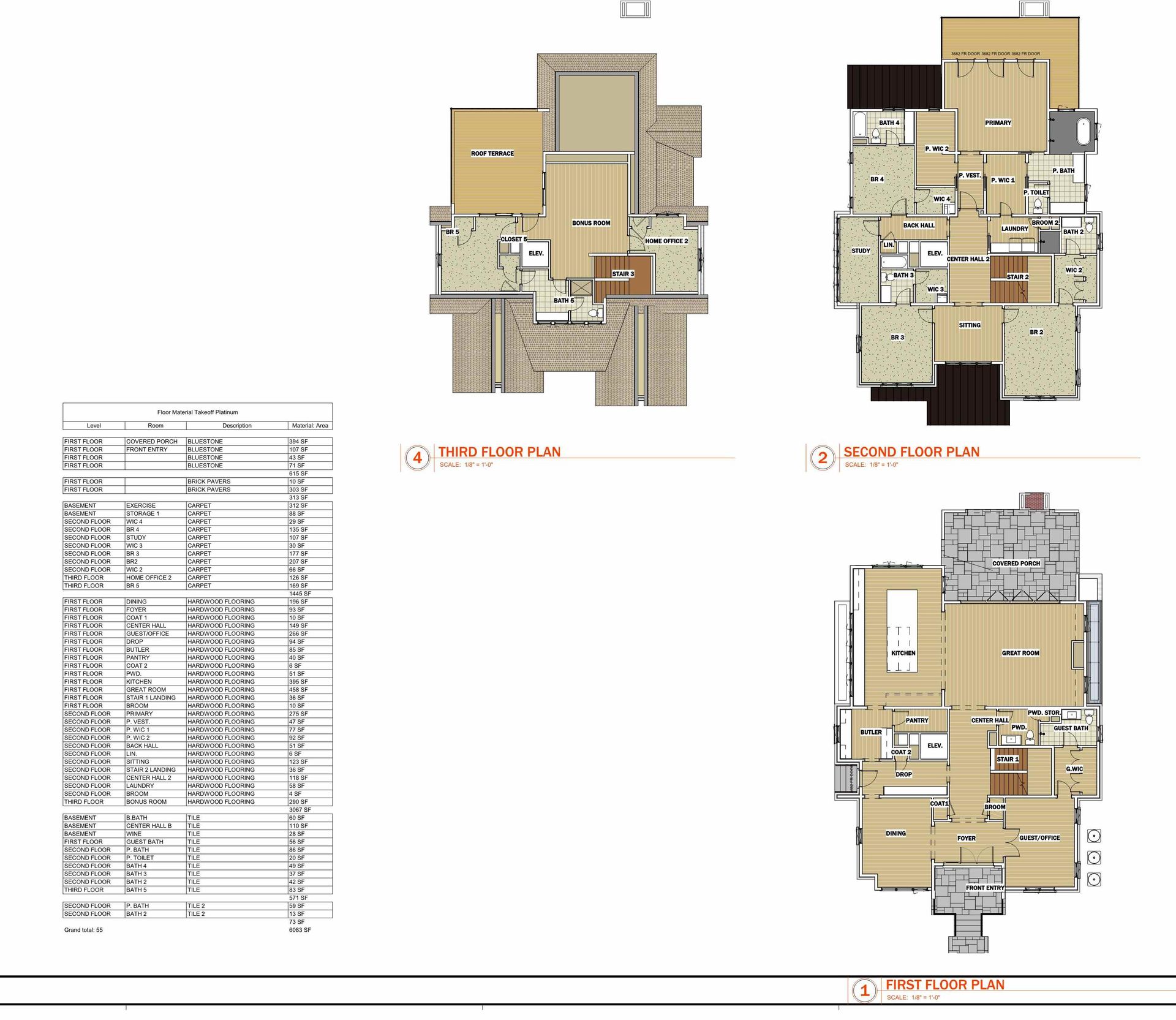 Three floor plans of a house with a table below them