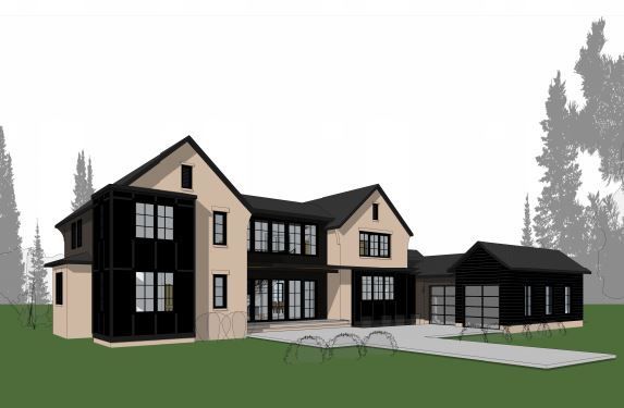 An artist 's impression of a large house with a black roof