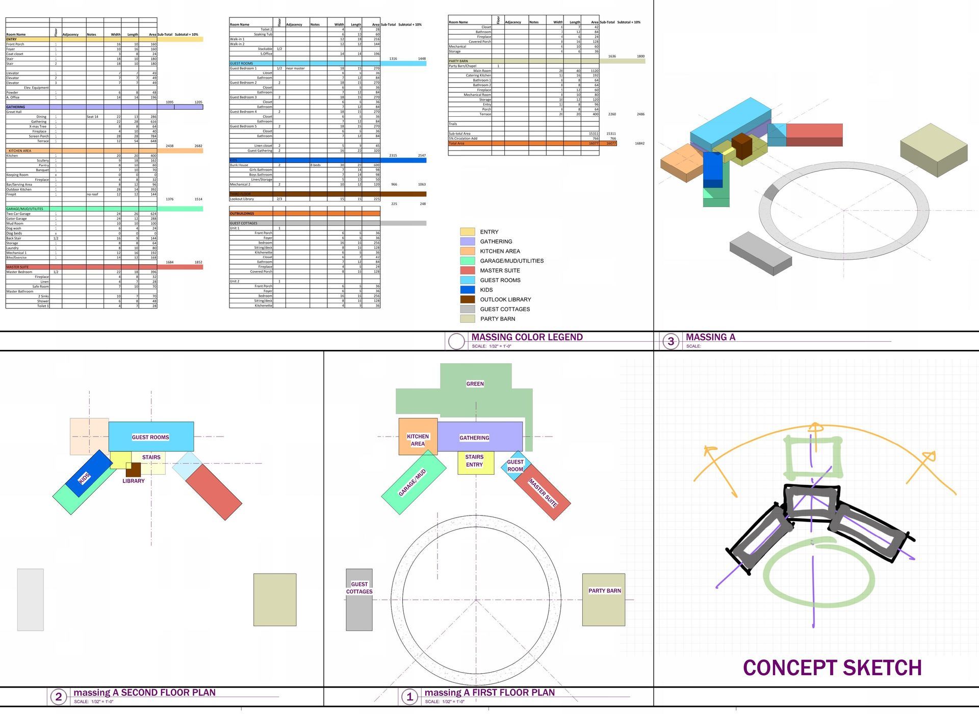 A collage of drawings of a building and a concept sketch.