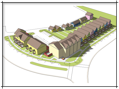 An aerial view of a row of houses and a parking lot