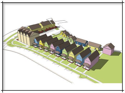 An aerial view of a row of colorful houses