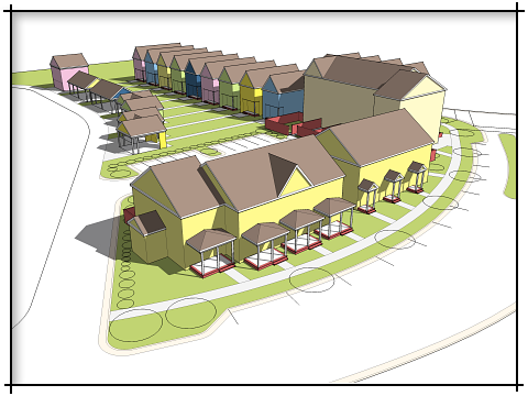 An aerial view of a row of colorful houses