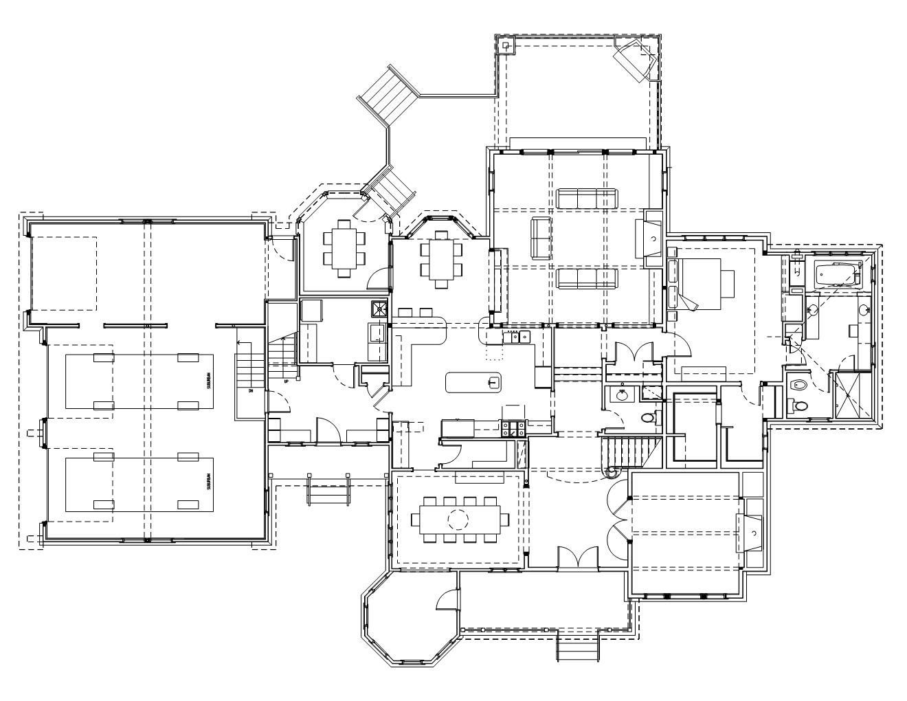 A black and white floor plan of a large house.