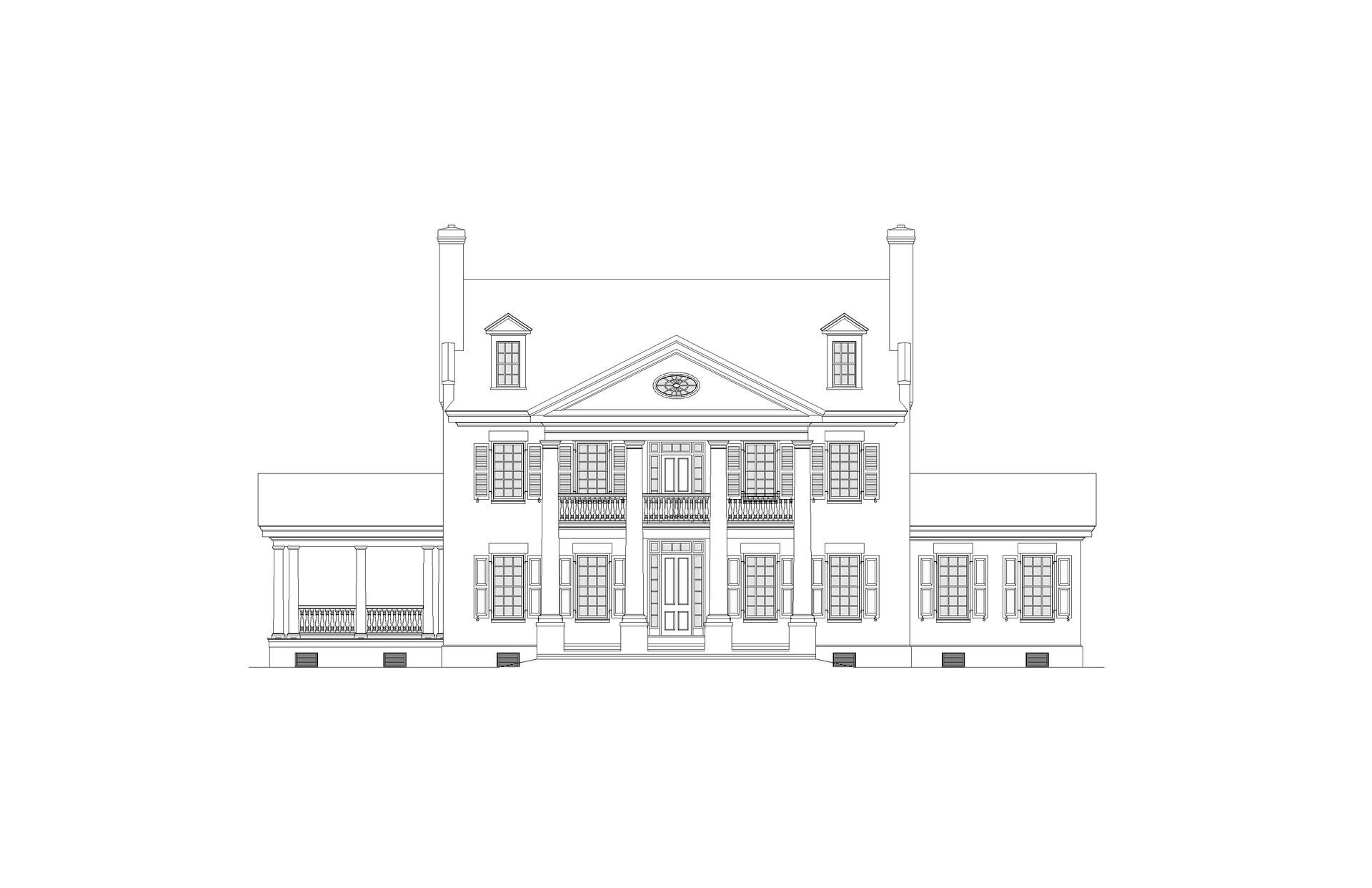 A black and white drawing of a large house on a white background.