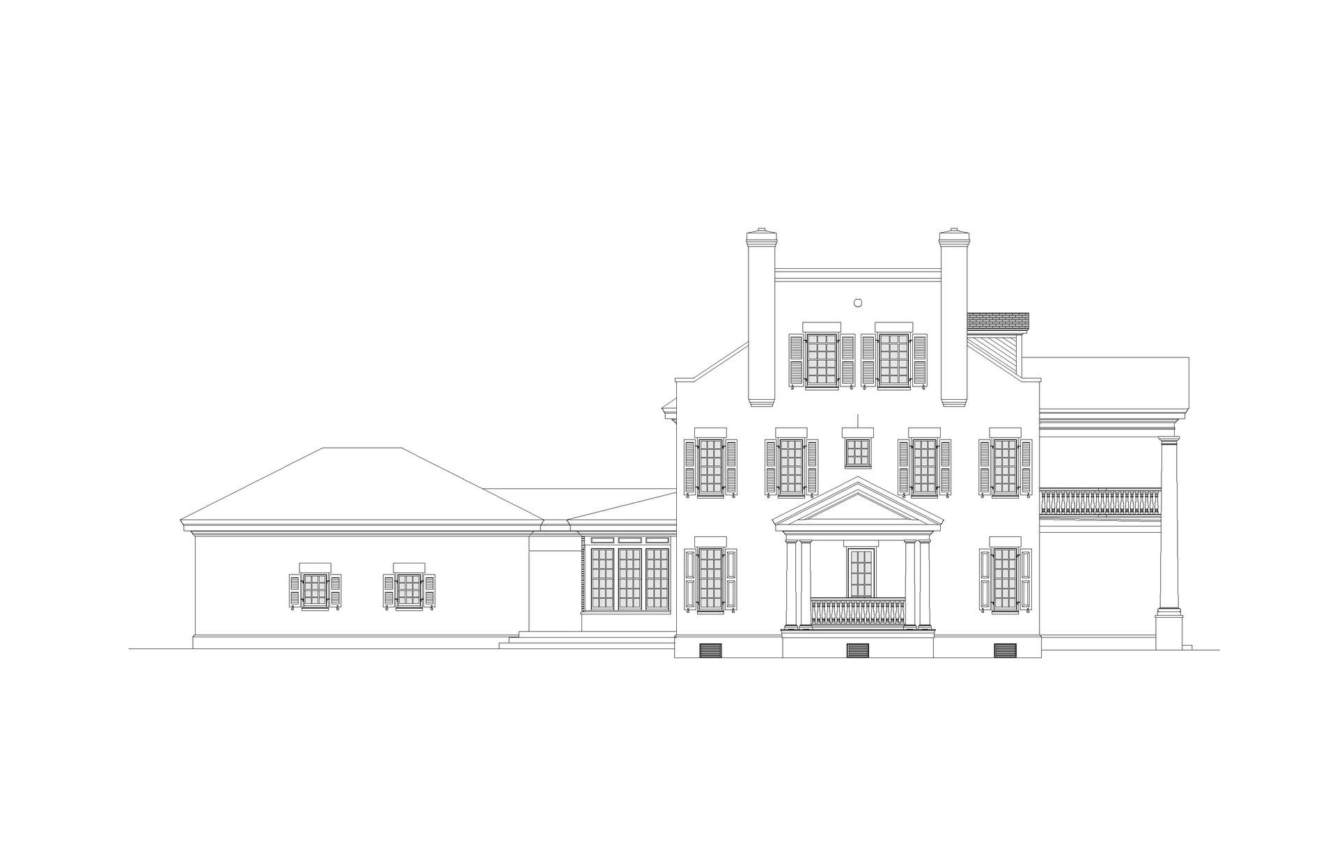 A black and white drawing of a large house on a white background.