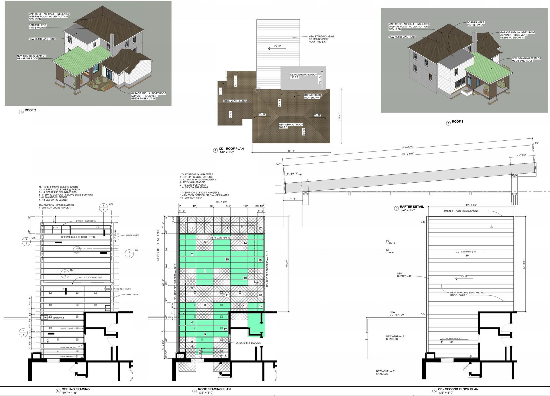 A set of three drawings of a house on a white background.