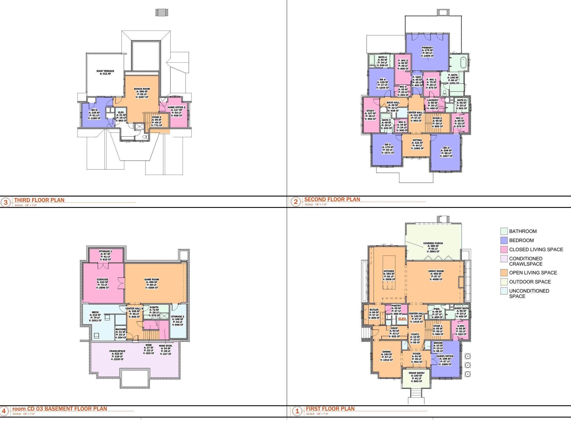A set of four floor plans for a house