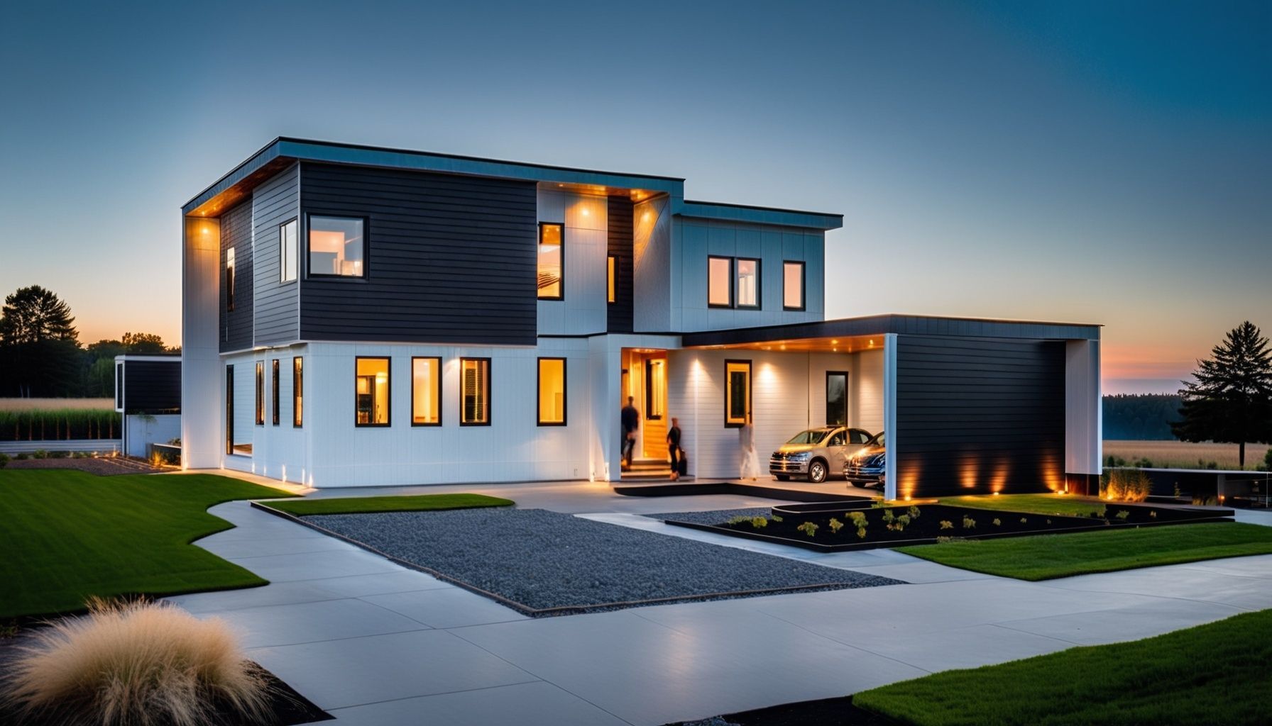 A modern house with a car parked in front of it at night.