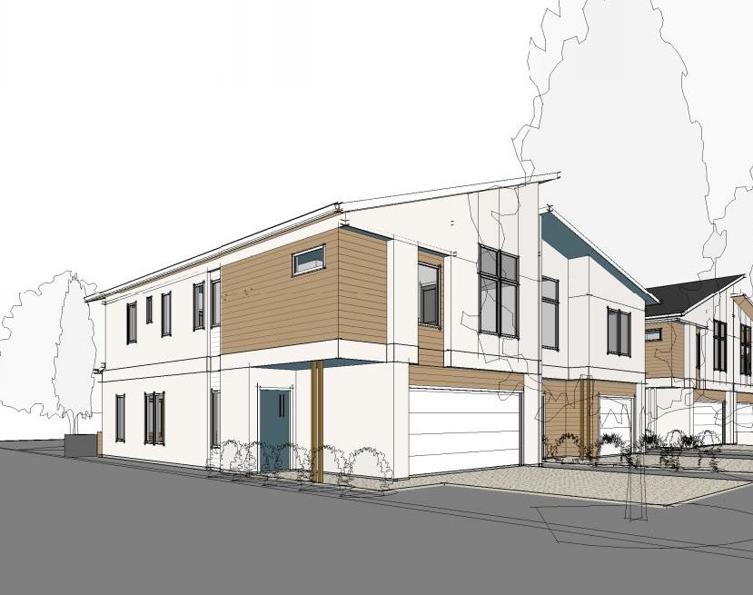 A drawing of a house with a garage and trees in the background.