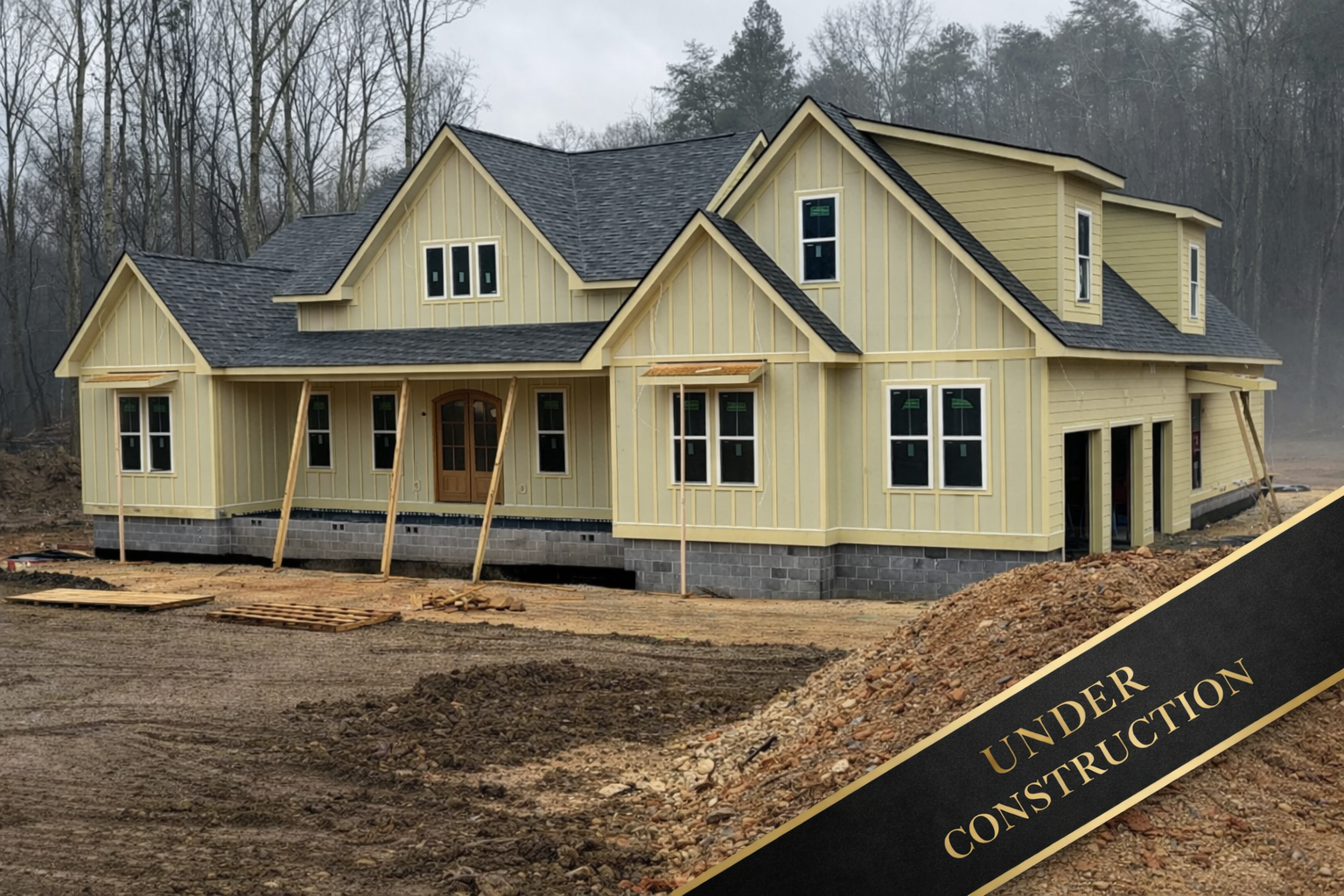 A large house with a sign that says under construction in front of it.