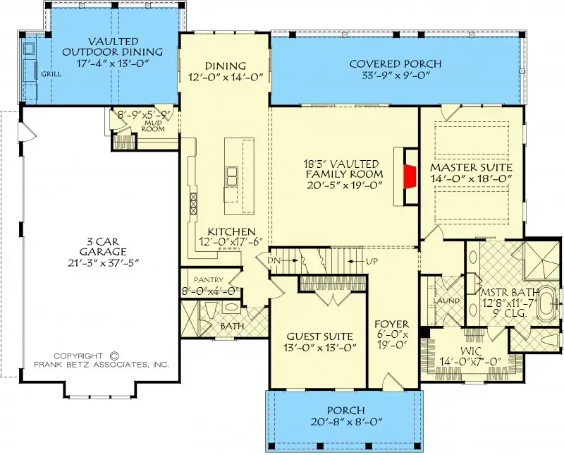 A floor plan of a house with a vaulted outdoor dining room and covered porch.