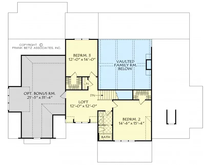 A floor plan of a house with a vaulted family room