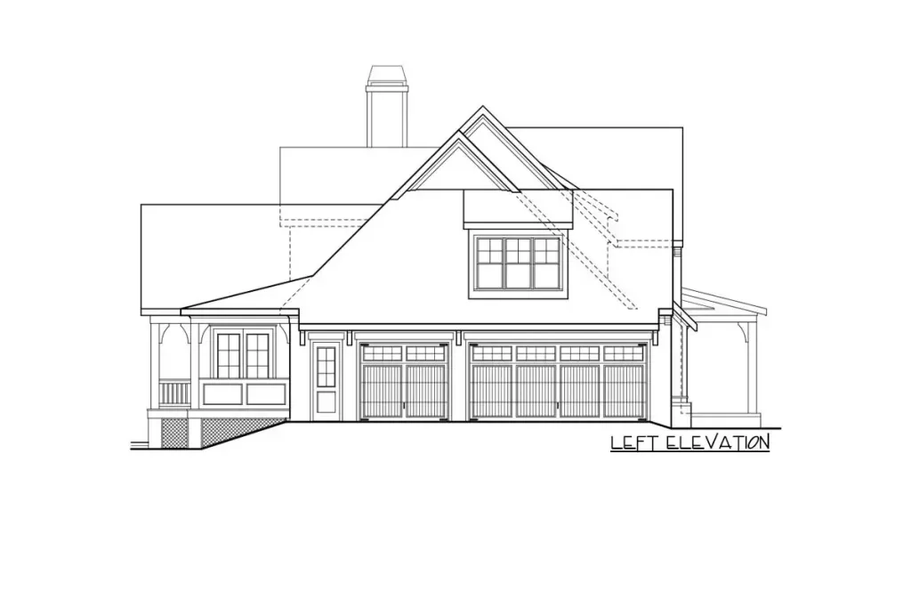 A black and white drawing of a house on a white background.