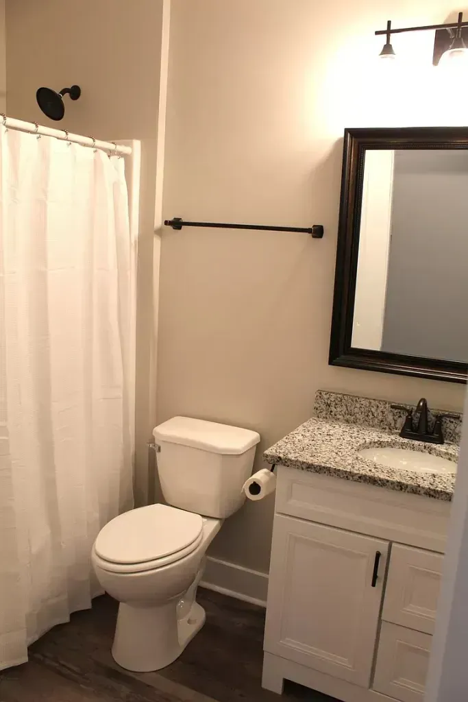 A bathroom with a toilet , sink , mirror and shower curtain.