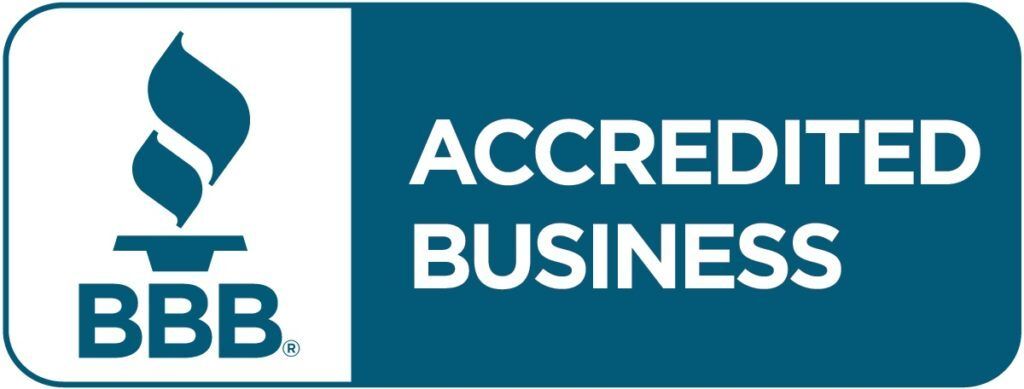 BBB Accredited Business logo with a torch icon. Blue and white design.
