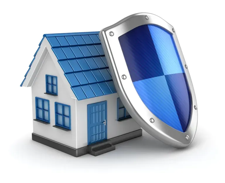 A house with a blue roof is protected by a shield