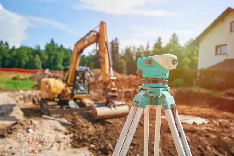 A construction site with a bulldozer and a level on a tripod.