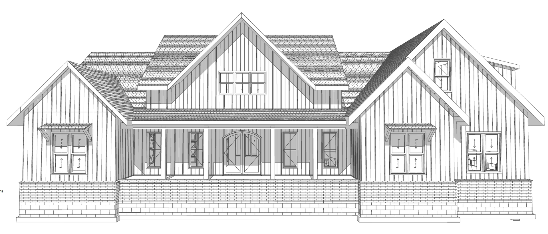 Architectural rendering of a farmhouse-style house with a porch, gabled roof, and multiple windows.