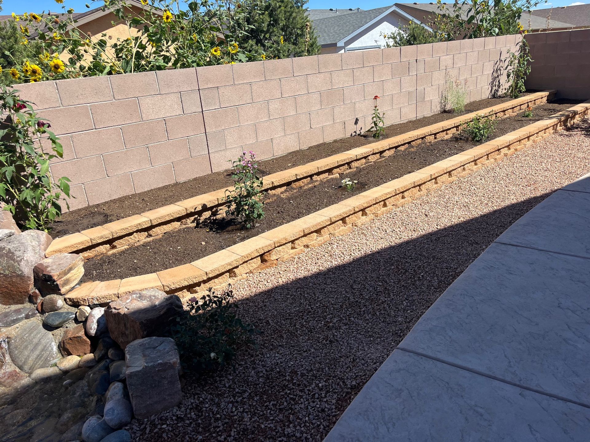 A garden with a brick wall and a concrete walkway.