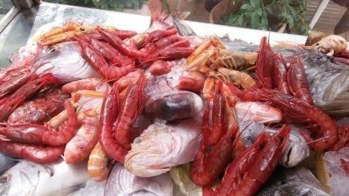 gamberi rossi, gamberi e pesci appena pescati
