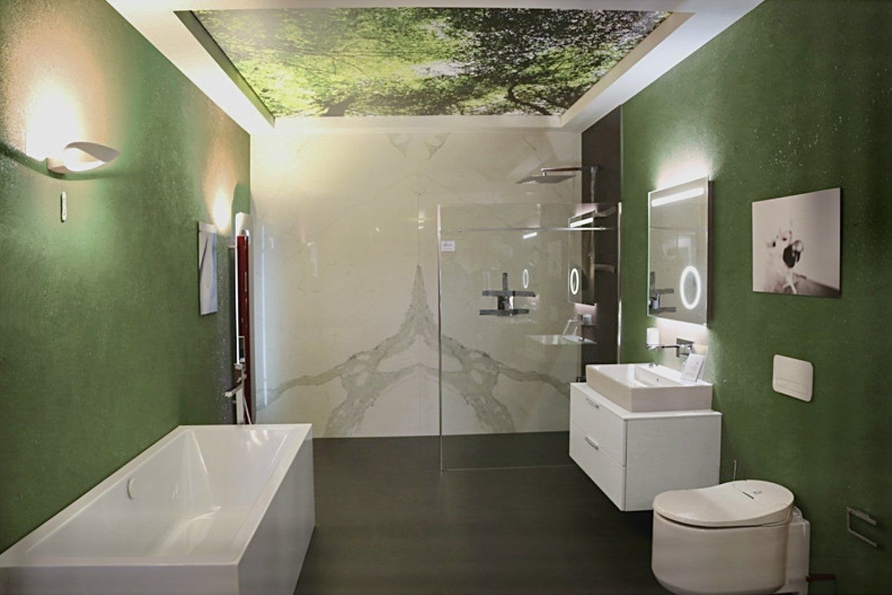 Ein Badezimmer mit grünen Wänden sowie Badewanne und Toilette