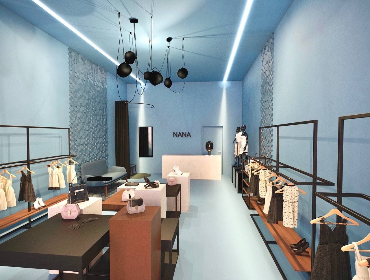 Eine künstlerische Darstellung eines Bekleidungsgeschäftes mit einer blauen Decke