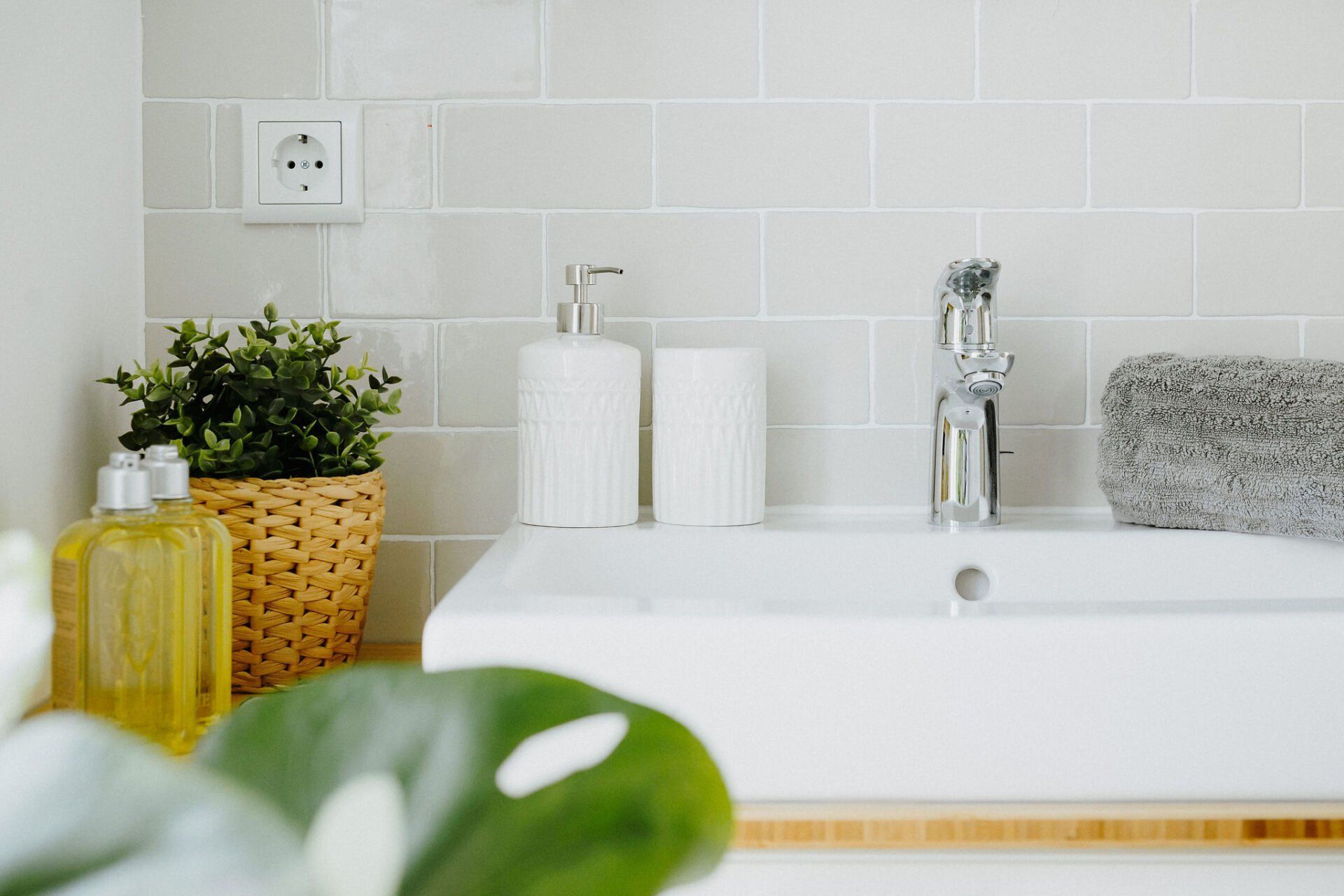 Ein Badezimmer mit Waschbecken, Wasserhahn, Seifenspender und einer Pflanze.