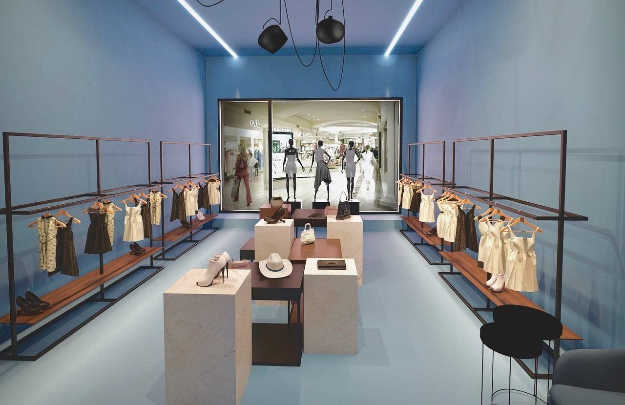 Künstlerische Darstellung eines Bekleidungsgeschäfts mit an Kleiderständern hängender Kleidung.