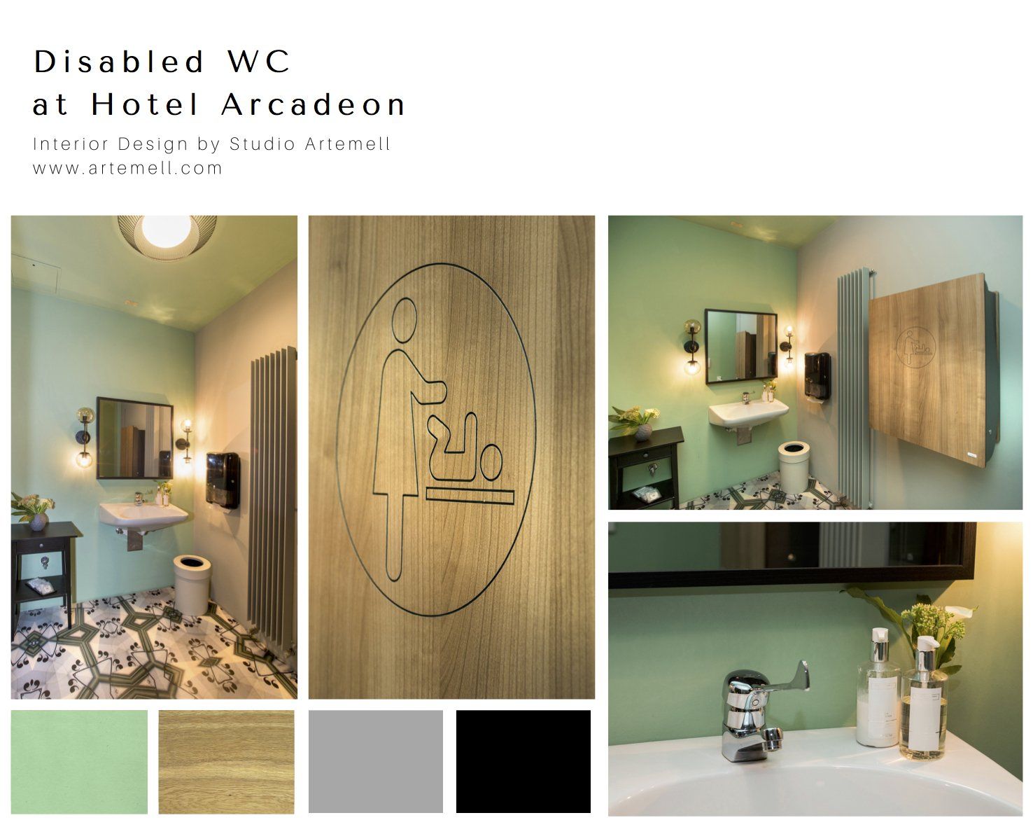 Eine Collage aus Bildern eines Badezimmers mit den Worten Behindertentoilette im Hotel Arcadeon